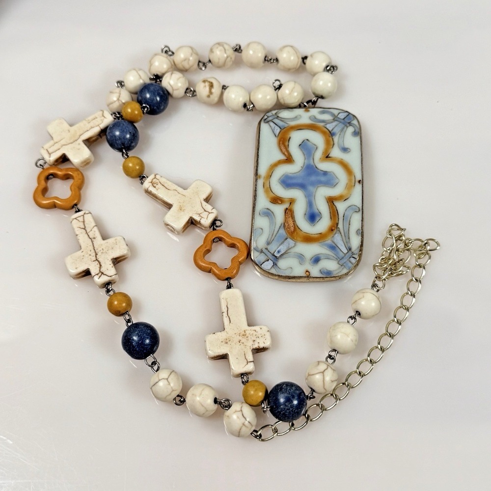 Artisan Cross Pendant Necklace Blue White Orange Gothic Statement 30"